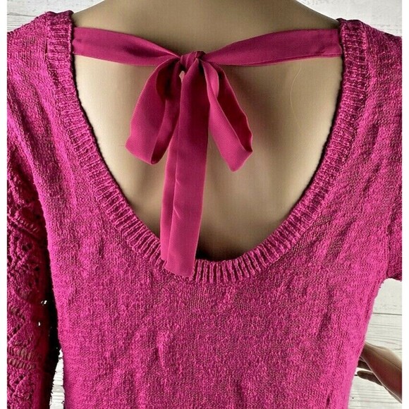 LC Lauren Conrad Sweater Medium Bright Pink Crochet Lace Front Tie Back Knit Top - Picture 10 of 12